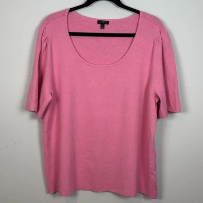 Talbots Pink Puff Sleeve Scallop Hem Short Sleeve Sweater Size 2X Classic Preppy - Image 1 of 4