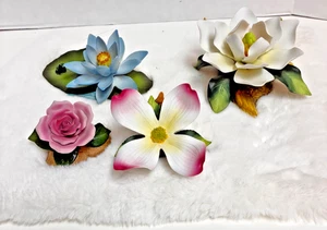 Andrea by Sadek Set Of 4 Porcelain Flower Figurines Blue Lily w/Frog Rose - Picture 1 of 9