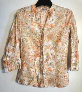 Harve Benard Blouse Top Small Floral Peach Brown Fall Colors Button 3/4 Sleeve - Picture 1 of 11