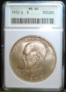1972-S Eisenhower Silver Dollar in Old ANACS Slab, Graded MS 66 - Picture 1 of 2