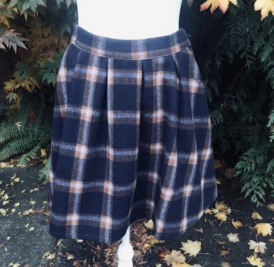 Mod Cloth Small Lined Wool Blend Blue Plaid Skirt Pleated Side Zip Pockets - Image 1 of 4