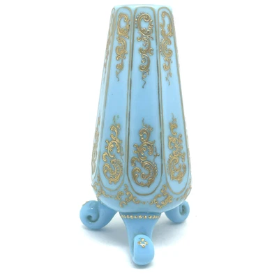 Antique French Blue Opaline Glass Vase Tri Footed Gold Gilded Fluted Vase 5.5” - Image 1 of 4