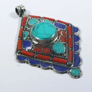 Coral Real Turquoise Lapis Tibetan Silver Handmade Amulet Pendant Jewelry - Picture 1 of 7
