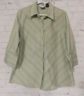 Womens Green Striped Stretch DCC Woman 3/4 Sleeve Button Down Plus size 1X - Image 1 of 4