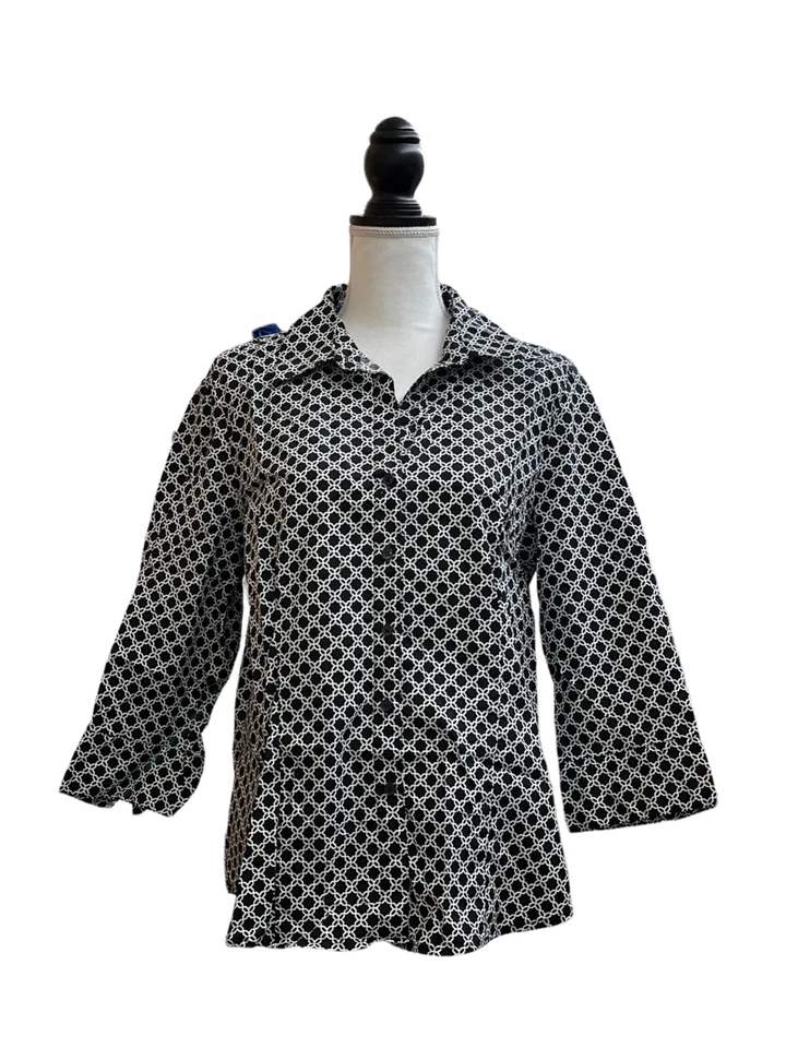 Camisa para mujer Kim Rogers abotonada negra blanca con estampado geométrico - XL Foto 1 de 4