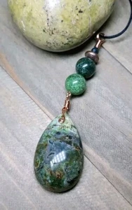 Natural Green Opal Pendant Earthy Boho Beaded Copper Wired Crystal Healing - Picture 1 of 10
