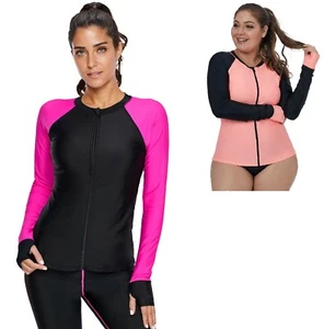 Women Long Sleeve UV Sun Protection UPF 50+ Front Zipper Athletic Rash Guard Top - Picture 1 of 8