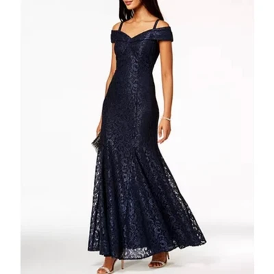 R & M RICHARDS Womens Sz 6 PETITE Off-The-Shoulder Shimmer Lace Gown Navy Blue - Image 1 of 4
