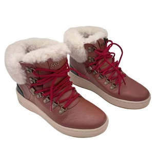 Mark Nason Brown Leather Red Lace Up Ivory Fur Cuffs Women's Boots 7.5 - Picture 1 of 10