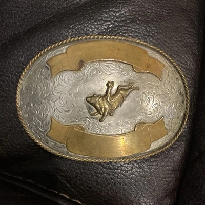 Vintage Belt Buckle Huge Bull Rider Nickel Silver - Image 1 of 3