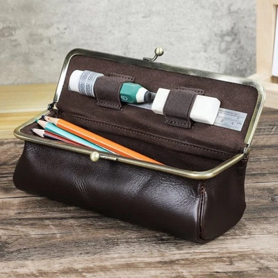 Genuine Leather Pencil Case Large Capacity Multifunction Stationery Storage Bag - Image 1 of 4