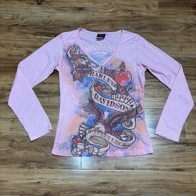 Camiseta Harley Davidson para mujer grande roja Lodge MT tinta tatuaje dulce suerte Foto 1 de 4