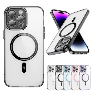 For iPhone 16 Pro 15 14 13 Shockproof Clear Case Plating Magnetic Mag Safe Cover - Picture 1 of 55