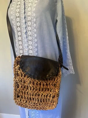 Sand And Sun Fisherman Natural Straw Open Link Crossbody Handbag Purse Brown Tan - Image 1 of 4