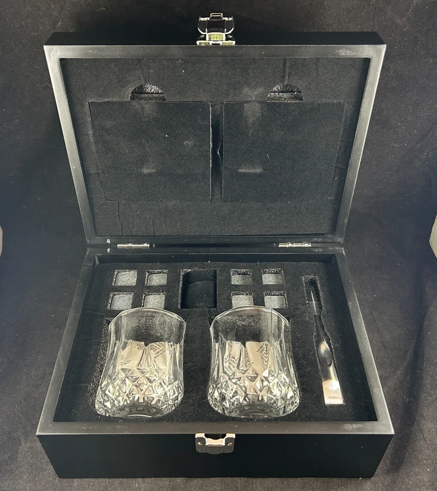 FORD BLUE ADVANTAGE GLASS TUMBLER SET BLACK BOX W/ STONE COASTERS & CUBES - RARE - Imagem 1 de 4