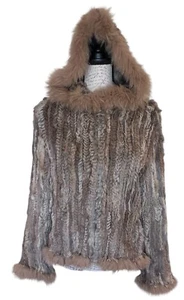 Pelliccia di coniglio con cappuccio corta frange zip giacca donna grande tonalità marrone vintage - Foto 1 di 10