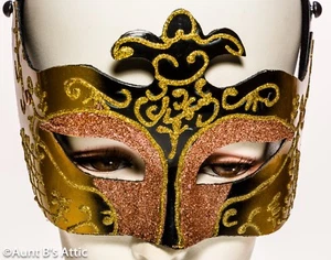 Mardi Gras Mask Black/Gold/Copper Glitter Accent Eye Mask On A Headband - Picture 1 of 1