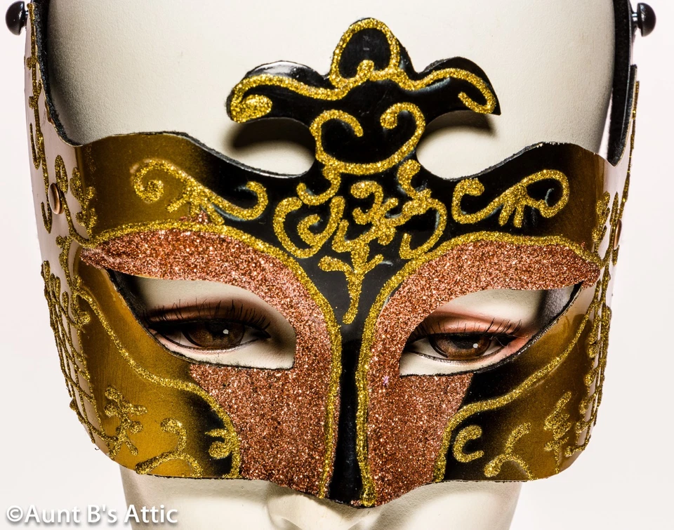 Mardi Gras Mask Black/Gold/Copper Glitter Accent Eye Mask On A Headband - Image 1 of 1