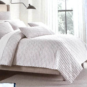 3pc BROOKS BROTHERS Linen Blend KING Duvet Sham Set Quilted Natural Stripe - Picture 1 of 4