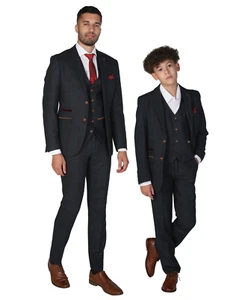 Men’s & Boys Windowpane Check Tweed Suit - Retro Peaky Navy Blue Tailored Fit 3 - Picture 1 of 18