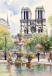 Notre Dame Cathedral Watercolour Painting Wall Art Poster Romantic Paris Print - Picture 1 of 7