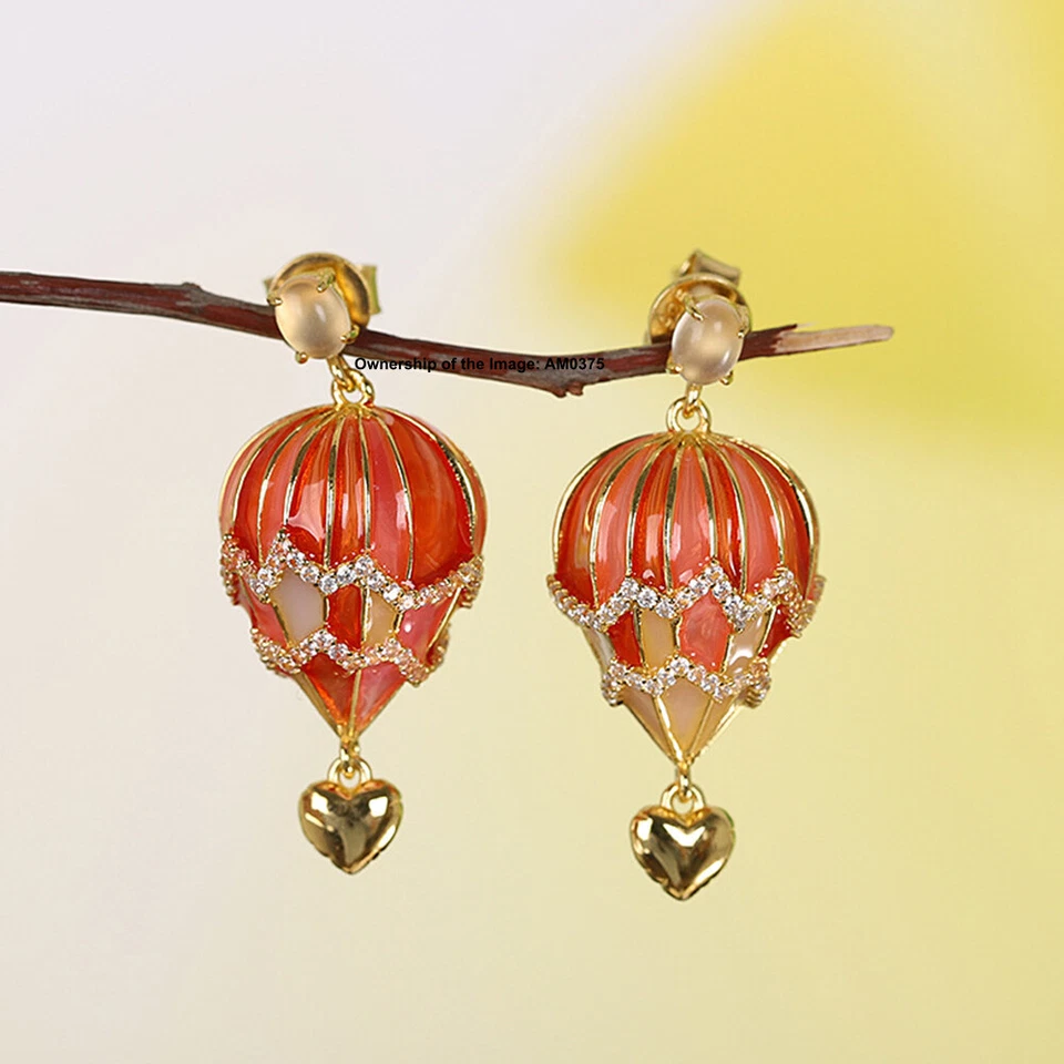 Pendientes colgantes enchapados en oro real de plata de ley 925 con forma de globo rojo Foto 1 de 4