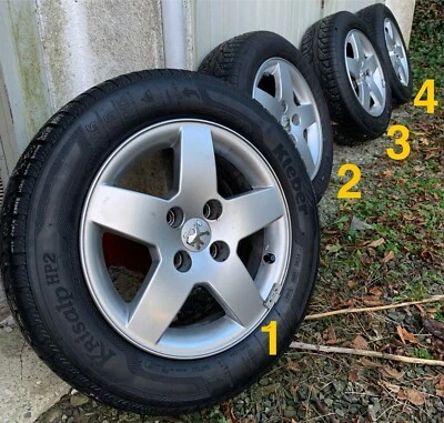 Peugeot 207 Alufelgen 6Jx15CH4-23 mit M+S Reifen 185/65R15 88T mit Schneeflocken - Bild 1 von 4