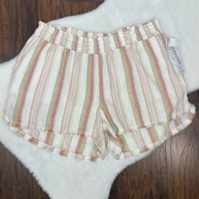 Vanilla Star Shorts 2X Striped Linen Blend Ivory Pink Smocked Waist Fray Hem NWT - Image 1 of 4