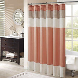 Madison Park Amherst Bathroom Shower Curtain Faux Silk Pieced Striped Coral Pink