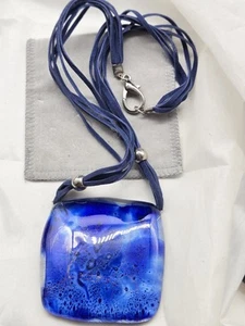 Collana Artigianale Grande Blu Cobalto Quadrato Ciondolo Unico Silvertone Perline Tonde - Foto 1 di 4