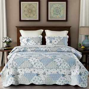 Blue Floral Patchwork Quilt Set, Full Queen Size, 3 Piece Bedding Set with 2 ... - Picture 1 of 1