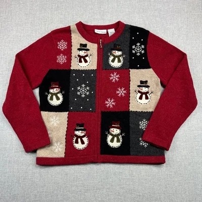 VTG Croft & Barrow Petite M Snowman Patchwork Zip Christmas Sweater Cardigan - Image 1 of 4