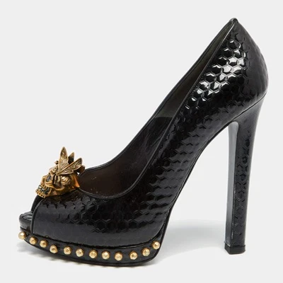 Alexander McQueen Black Patent Leather Skull Embellished Peep Toe Pumps Size 38 - Image 1 of 4