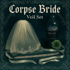 Corpse Bride Veil & Rhinestone Belt – 35" Ivory Veil, 128" White Ribbon Set - Bild 1 von 9