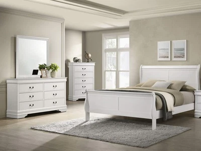 White Finish Full Size 3pc Bed Dresser Mirror Set Transitional Bedroom Furniture - Image 1 of 4