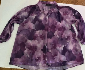 Susan Graver OCCASIONS Plus Size Top 2X Blouse Purple Floral Semi Sheer Shirt - Picture 1 of 9