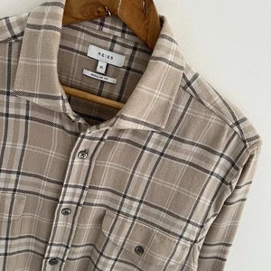 Reiss Flannel Shirt Size XL X Large Mens Beige Plaid Check Cotton Long Sleeve - Picture 1 of 10