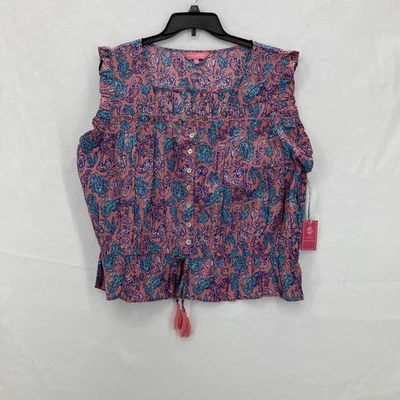 Blusa Simply Southern Feminina 2XL Rosa Azul Cavalo Marinho Algodão Botões Borlas - Imagem 1 de 4