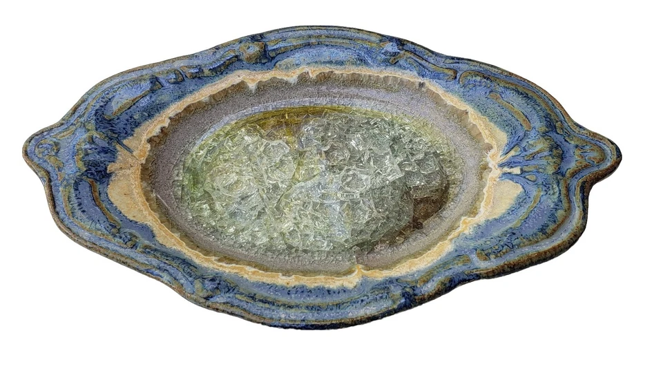 Centro de vidrio agrietado para baratija/jabonera esmalte por goteo de cerámica artística hecho en EE. UU. azul Foto 1 de 4