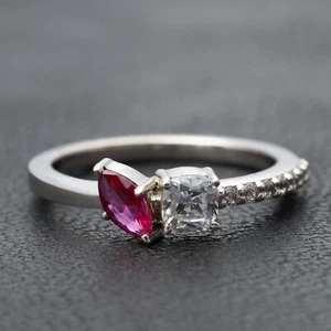 Toi Et Moi Ring 2 Stone Engagement Ring Women Ruby & Diamond 925 Sterling Silver - Picture 1 of 12