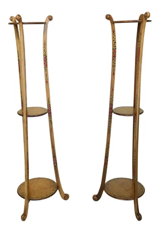 32184EC: Pair Adams Satinwood Paint Decorated Plant Stands Cover