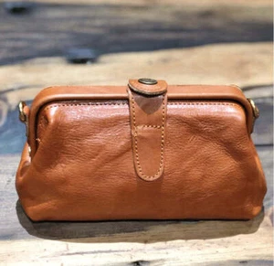 Italy Cowhide Leather Doctor Bag, Small Vintage Gold Chain Shoulder Bag, Handmad - Picture 1 of 9