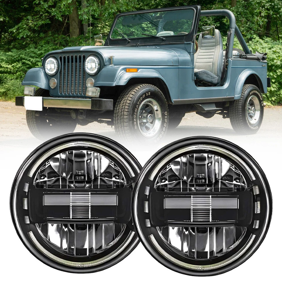 Pair 7'' H4 LED Headlights Projector Hi/Lo Beam DRL For Jeep CJ-5/CJ-7 1976-1983 - Image 1 of 4