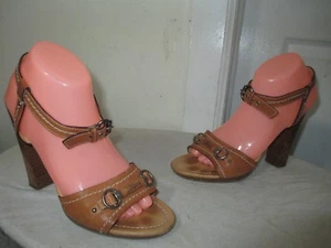 DIOR WO' TAN LEATHER FRONT LOGO BIT ANKLE STRAP PLATFORM HEELS SANDALS 40½ US 10 - Picture 1 of 9