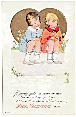 Postal de San Valentín infantil Art Deco en relieve de la década de 1920 margaritas y corazón dorado Foto 1 de 2