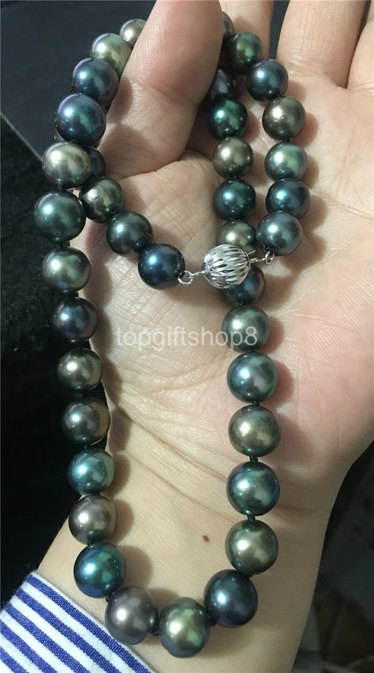 Impresionante collar de perlas verdes negras de Tahití AAA 10-11 mm oro de 18 pulgadas 14k  Foto 1 de 1