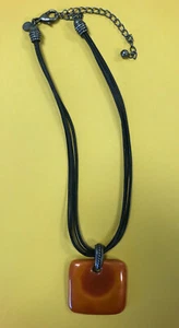 Chicos Orange Square Pendant Necklace Faux Leather Straps Extender Lobster Clasp - Picture 1 of 5