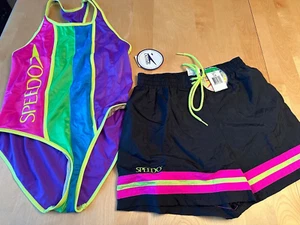 NWT VINTAGE SPEEDO GIRLS COLORBLOCK SWIMSUIT + MATCHING SHORTS SZ 16 - Picture 1 of 5