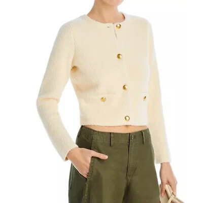 Cárdigan recortado tejido AQUA Boucle dorado bolsillos con botones crema talla L Foto 1 de 4