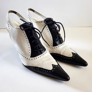 Ralph Lauren Collection Black and White Derby Heels Elegant Broguing Size 9.5 - Picture 1 of 15